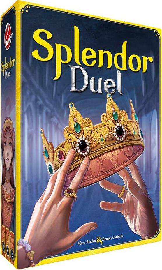 The box of the game Splendor Duel by Space Truckers, featuring a vibrant illustration of two hands reaching towards an ornate crown adorned with colorful jewels. The title 'Splendor Duel' is prominently displayed in bold letters, set against a dramatic dark background.