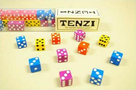 A colorful collection of dice in various colors including blue, pink, yellow, and green scattered on a light background. The game box labeled 'TENZI' is visible in the top center, showcasing the game as 'the world's fastest game'. Each die features unique dot patterns, enhancing the vibrant display and inviting gameplay.