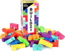 BUILDZI game by Tenzi features a colorful array of interlocking foam pieces in various shapes, alongside a vibrant box that showcases the game name. The pieces come in bright colors like pink, orange, green, and blue, inviting players to create and arrange unique structures during play.