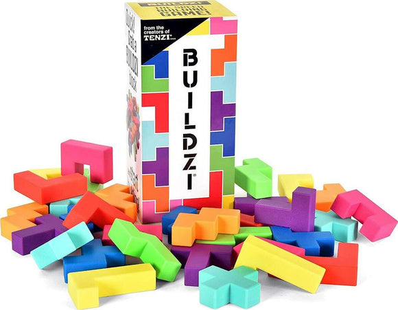 BUILDZI game by Tenzi features a colorful array of interlocking foam pieces in various shapes, alongside a vibrant box that showcases the game name. The pieces come in bright colors like pink, orange, green, and blue, inviting players to create and arrange unique structures during play.