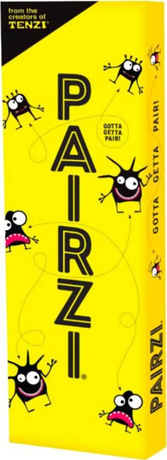PAIRZI by Tenzi is a fun and engaging game featuring colorful cartoon characters on a bright yellow box with the text 'Gotta Getta Pair!' The playful design invites players to enjoy a fast-paced matching game suitable for all ages.