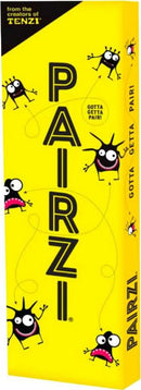 PAIRZI by Tenzi is a fun and engaging game featuring colorful cartoon characters on a bright yellow box with the text 'Gotta Getta Pair!' The playful design invites players to enjoy a fast-paced matching game suitable for all ages.