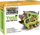 The Tusk Solar Boar DIY kit features a solar-powered mechanical pig model, with over 45 parts. It encourages exploration of alternative energy through hands-on assembly. The package showcases vibrant colors and graphics, making it appealing for ages 8 and up.