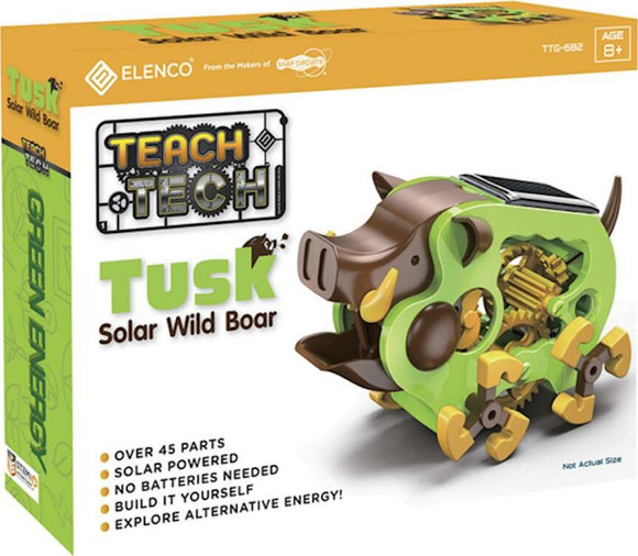 The Tusk Solar Boar DIY kit features a solar-powered mechanical pig model, with over 45 parts. It encourages exploration of alternative energy through hands-on assembly. The package showcases vibrant colors and graphics, making it appealing for ages 8 and up.