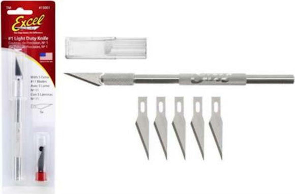 K1 Craft and Hobby Knife by Excel Blades, featuring a lightweight design, ergonomic handle, and five replacement blades nestled in a clear plastic case for safe storage. Ideal for precise cutting and crafting tasks in various DIY projects.
