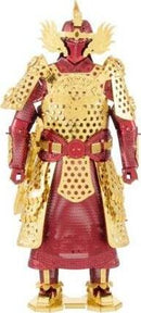 A detailed metal model kit representing Chinese armor. The model features intricate designs with a combination of gold and red colors, showcasing a warrior in full gear, including a helmet adorned with embellishments, chest plate with perforations, and ornate leg armor. The craftsmanship highlights the art of metal construction and is perfect for DIY enthusiasts.