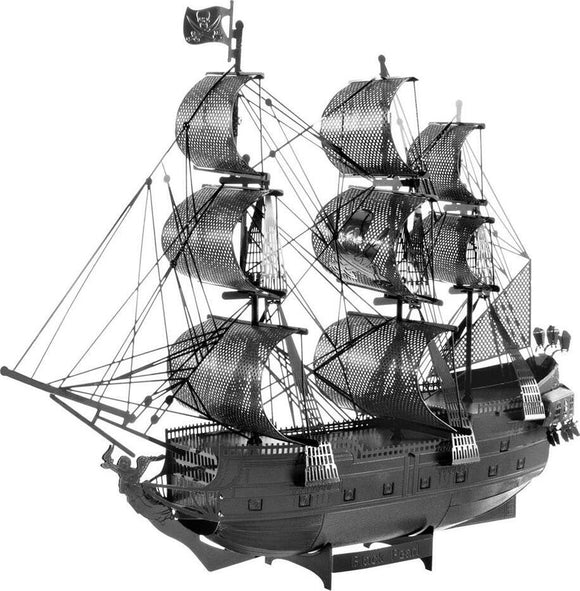 The ICONX: Black Pearl by Fascinations is a detailed DIY model kit of a pirate ship, featuring intricate metal structures, sails, and a classic black finish. Perfect for enthusiasts looking to build a unique display piece.