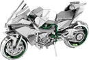 A detailed metal model of a Kawasaki Ninja motorcycle created by Fascinations. The model features intricate parts, a sleek design, and a shiny chrome finish, showcasing the bike's sporty aesthetic. Perfect for DIY enthusiasts.