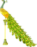 A stunning DIY model kit of a peacock created by Fascinations. The model features intricate details with vibrant colors, including a golden body and a long, elegant tail adorned with colorful eye patterns. It's designed to stand elegantly on a base, showcasing its majestic form.