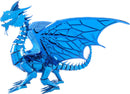 A detailed model of a blue dragon made from shiny, reflective metal. The dragon features intricate designs on its wings, scales, and facial features, showcasing a striking blue color that catches the light beautifully. It's posed in a majestic stance with its wings spread out, emphasizing its fierce and fantastical appearance. This model is perfect for DIY enthusiasts and dragon lovers alike.