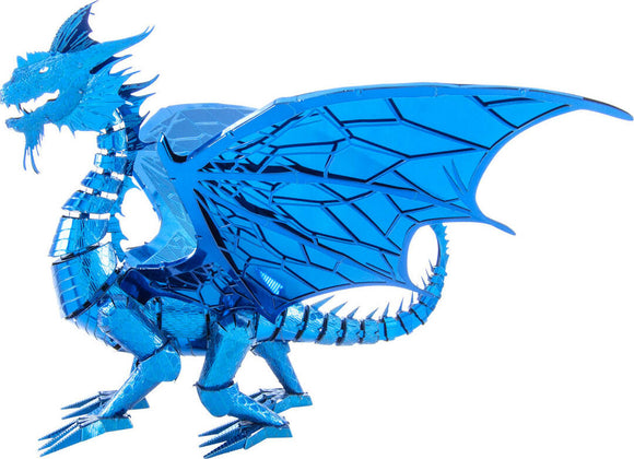A detailed model of a blue dragon made from shiny, reflective metal. The dragon features intricate designs on its wings, scales, and facial features, showcasing a striking blue color that catches the light beautifully. It's posed in a majestic stance with its wings spread out, emphasizing its fierce and fantastical appearance. This model is perfect for DIY enthusiasts and dragon lovers alike.