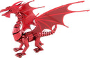 An impressive metallic red dragon model by Fascinations, featuring intricate details on its body, fierce expression, and extended wings, perfect for DIY enthusiasts. The model showcases sharp claws and a textured scale design, creating a captivating decorative piece.