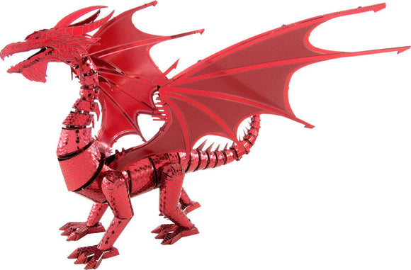 An impressive metallic red dragon model by Fascinations, featuring intricate details on its body, fierce expression, and extended wings, perfect for DIY enthusiasts. The model showcases sharp claws and a textured scale design, creating a captivating decorative piece.