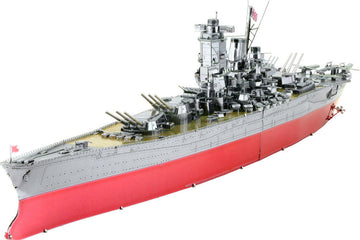 Detailed model of the ICONX Yamato Battleship by Fascinations, showcasing intricate metal construction with multiple cannons and a striking red hull. Ideal for DIY enthusiasts and collectors.