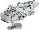 Detailed model kit of the Millennium Falcon from Star Wars, designed by Fascinations. Features intricate metallic design and is displayed on a sturdy base, ideal for collectors and DIY enthusiasts.