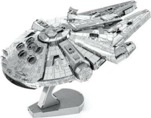 Detailed model kit of the Millennium Falcon from Star Wars, designed by Fascinations. Features intricate metallic design and is displayed on a sturdy base, ideal for collectors and DIY enthusiasts.