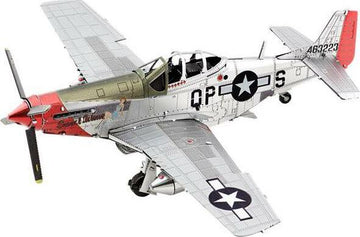Metal Earth Mustang P-510 Mus model kit from Fascinations, featuring intricate metal pieces for assembly. The design showcases fine details on the aircraft's surface, complete with authentic markings and a realistic finish. This DIY kit offers enthusiasts the chance to construct a detailed replica of the iconic plane, perfect for display or collection.