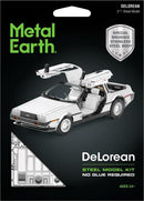 Metal Earth DeLorean Steel Model Kit featuring a detailed representation of the iconic DeLorean car, complete with gullwing doors. The kit includes a laser-cut metal sheet for assembly, with no glue required. Ideal for DIY enthusiasts aged 14 and above.