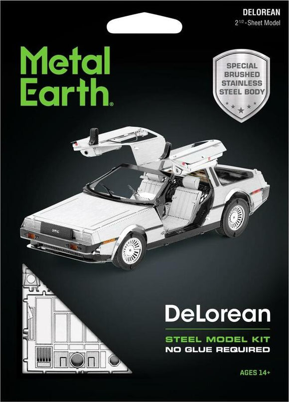 Metal Earth DeLorean Steel Model Kit featuring a detailed representation of the iconic DeLorean car, complete with gullwing doors. The kit includes a laser-cut metal sheet for assembly, with no glue required. Ideal for DIY enthusiasts aged 14 and above.