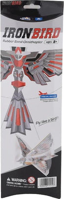 The Iron Bird RBP Ornithopter Bamb by PlaySTEAM is a DIY kit designed for ages 8 and up. It features a colorful package showcasing the ornithopter model that resembles a bird, highlighting key dimensions and a warning about choking hazards. The kit encourages creativity and hands-on learning as users can build and fly their own rubber band-powered ornithopter. Ideal for young enthusiasts of science and engineering.