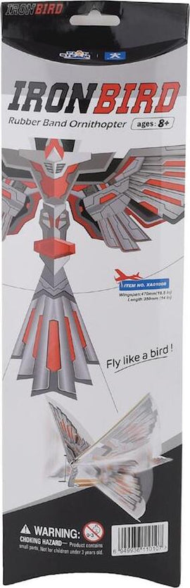 The Iron Bird RBP Ornithopter Bamb by PlaySTEAM is a DIY kit designed for ages 8 and up. It features a colorful package showcasing the ornithopter model that resembles a bird, highlighting key dimensions and a warning about choking hazards. The kit encourages creativity and hands-on learning as users can build and fly their own rubber band-powered ornithopter. Ideal for young enthusiasts of science and engineering.