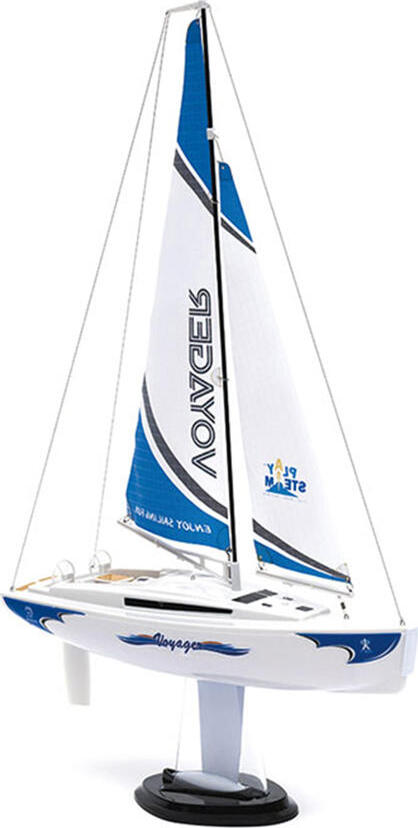 The Voyager 280 2.4G RC Sailboat by PlaySTEAM is a sleek, modern remote-controlled sailboat. It features a crisp white hull with blue accents and elegantly designed sails. Perfect for outdoor enthusiasts and beginners, this sailboat offers a fun way to explore the thrill of sailing with remote control precision.