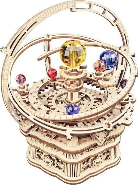 The Starry Night Music Box Build Kit by Robotime is an intricately designed DIY kit featuring a rotating celestial model. It includes multicolored jewels representing planets, all set on a detailed wooden base with gears and a circular frame, emphasizing its mechanical design. This enchanting piece plays music as it spins, making it a captivating decorative item for any space.