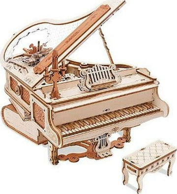 A beautifully crafted Magic Piano Music Box by Robotime, showcasing intricate wooden design with a detailed structure. The piano features an open lid, visible keys, and comes with a matching bench. Ideal for DIY enthusiasts.