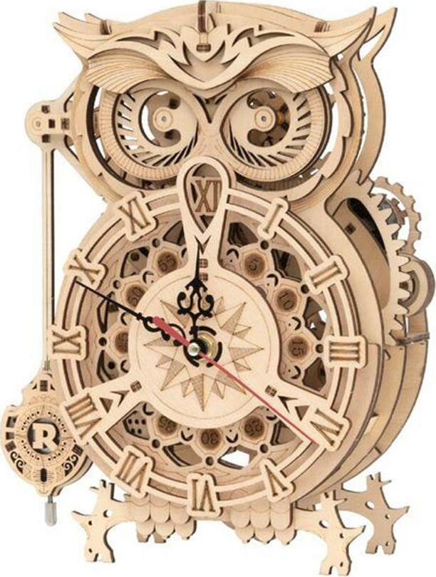 A beautifully crafted Owl Clock 3D Build Kit by Robotime, featuring intricate wooden gears and a unique owl design. The clock has a detailed face with Roman numerals and contrasting red and black clock hands, making it a charming addition to any room. Ideal for DIY enthusiasts, this kit combines creativity with functionality.