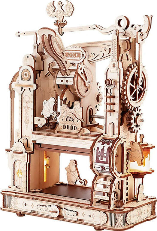 The Classic Printing Press by Robotime is a detailed DIY kit featuring intricate wooden pieces crafted into a mechanical printing press design. It showcases moving gears and charming mechanical elements, perfect for hobbyists and enthusiasts alike. The assembly reveals an engaging, functional piece that captures the essence of vintage printing technology.