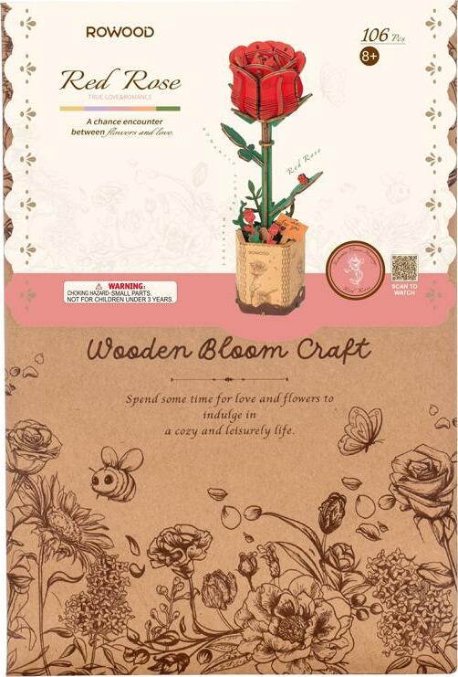 The Red Rose Model by Robotime is a wooden DIY craft kit featuring 106 pieces to create a lifelike red rose. The packaging showcases delicate floral designs and includes instructions for assembly. Suitable for ages 8 and up, this kit promotes creativity and craftsmanship while offering a charming decorative piece.