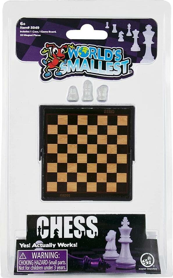 Product packaging for the World's Smallest Chess game by Super Impulse. Includes a compact game board with a checkerboard pattern and 32 magnetic chess pieces, showcasing the small size and functionality. The packaging features a colorful logo, warning labels, and highlights that it is suitable for ages 6 and up.