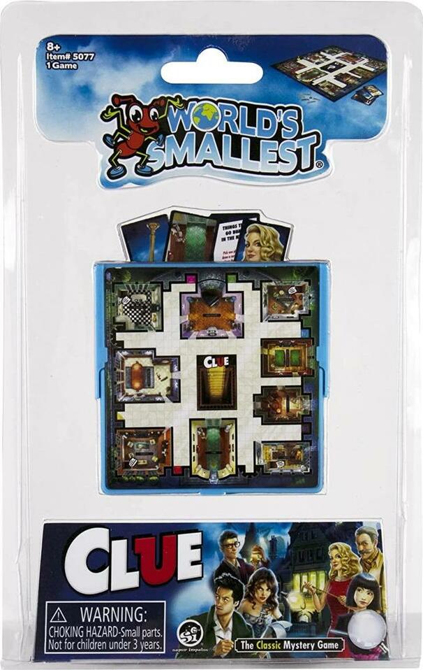 World's Smallest Clue game by Super Impulse, featuring a miniature game board with iconic rooms and characters from the classic mystery game. The packaging shows vibrant graphics and a warning about small parts not suitable for children under 3 years. Perfect for fans of classic games and unique collectibles.