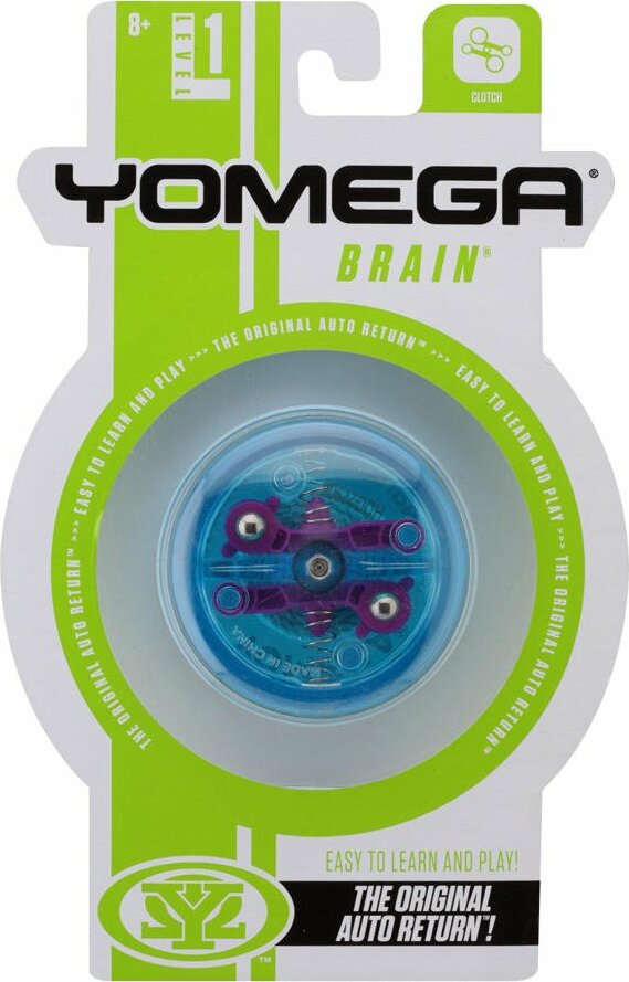 Yomega The Original Brain, a colorful yo-yo featuring a blue and purple design. The packaging highlights its easy-to-learn features and indicates it's suitable for ages 8 and up. The phrase 'The Original Auto Return' emphasizes its unique functionality.