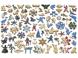 Wooden puzzle pieces shaped like animals and people
