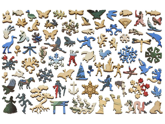 Wooden puzzle pieces shaped like animals and people