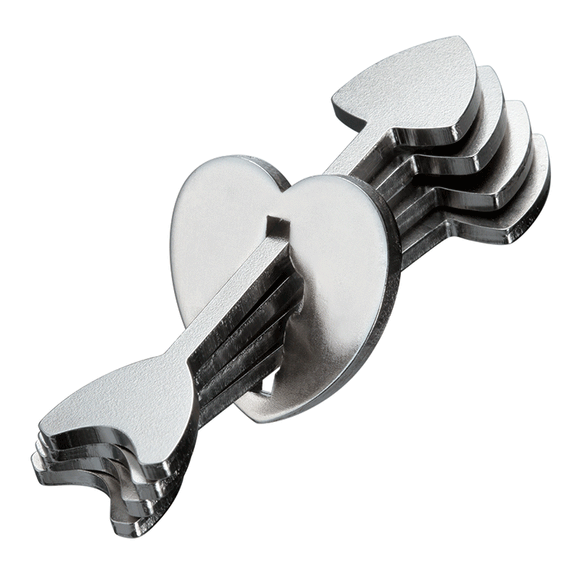 Hanayama puzzle fully solved on white background
