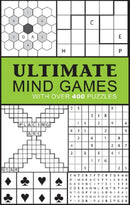 Ultimate Mind Games book cover by Cottage Door Press featuring a collection of over 400 puzzles including word games, number puzzles, and logic challenges. The design includes grid patterns and icons indicative of various mind challenges.