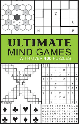 Ultimate Mind Games book cover by Cottage Door Press featuring a collection of over 400 puzzles including word games, number puzzles, and logic challenges. The design includes grid patterns and icons indicative of various mind challenges.