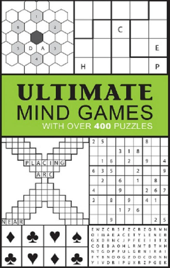 Ultimate Mind Games book cover by Cottage Door Press featuring a collection of over 400 puzzles including word games, number puzzles, and logic challenges. The design includes grid patterns and icons indicative of various mind challenges.