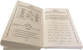 An open book featuring various puzzles including word linkage, a coded quote section, and a word power quiz. The pages are filled with different formats designed to challenge the mind and enhance problem-solving skills.