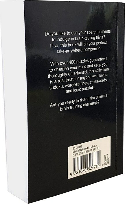 The back cover of 'Ultimate Mind Games' book by Cottage Door Press. The cover features engaging text about its content, highlighting over 400 puzzles including sudoku, word searches, crosswords, and logic puzzles, designed to stimulate the mind and provide entertainment. It's described as the perfect take-anywhere companion for brain-training challenges.