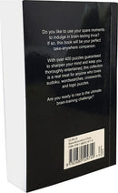 The back cover of 'Ultimate Mind Games' book by Cottage Door Press. The cover features engaging text about its content, highlighting over 400 puzzles including sudoku, word searches, crosswords, and logic puzzles, designed to stimulate the mind and provide entertainment. It's described as the perfect take-anywhere companion for brain-training challenges.