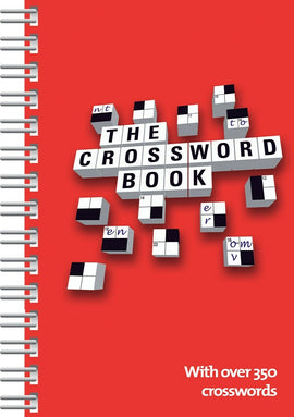 A bright red cover of 'Piece of Cake Easy Crosswords' by Cottage Door Press. The book features scattered crossword tiles showcasing letters, with a spiral binding on the side. It highlights that there are over 350 crosswords included inside, making it perfect for puzzle enthusiasts.