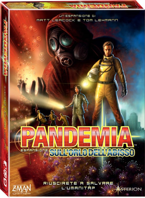 The box cover for the board game 'Pandemic: On the Brink' by Z-Man Games, featuring characters in a dramatic pandemic scenario. In the foreground, a masked figure is reaching out, while another character is poised in action. Behind them, a city skyline is partially obscured by colorful representations of viruses, conveying a sense of urgency and teamwork. The title 'Pandemic' is prominently displayed in bold red letters, along with the tagline urging players to save humanity.