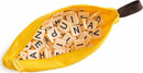 A vibrant yellow cloth pouch filled with letter tiles for the game Bananagrams. The tiles are cream-colored with black letters, neatly organized inside the pouch, ready for engaging word games.