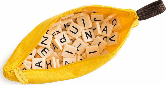 A vibrant yellow cloth pouch filled with letter tiles for the game Bananagrams. The tiles are cream-colored with black letters, neatly organized inside the pouch, ready for engaging word games.