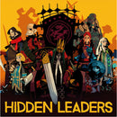 A colorful illustration featuring the characters from the game 'Hidden Leaders' by BFF GAMES. The image showcases a diverse group of characters in a fantasy setting, each with unique attire and weapons, set against a vibrant yellow background.