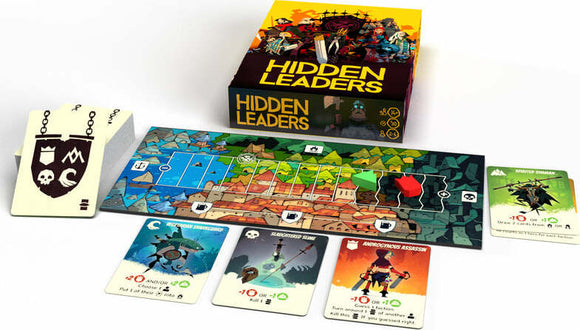 The Hidden Leaders game from BFF GAMES features a colorful box and components including a game board and various character cards. The game is designed for strategic play, with elements showcasing different factions and abilities in a vibrant fantasy setting.