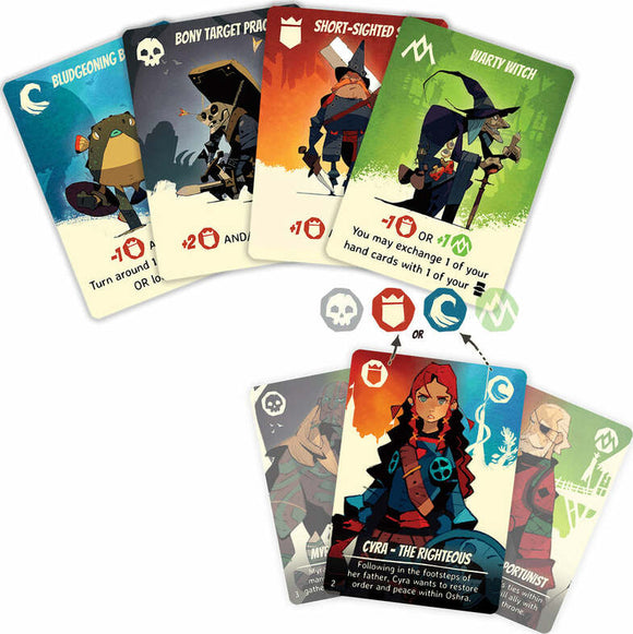 Hidden Leaders board game by BFF GAMES featuring colorful character cards with unique abilities, including Bludgeoning B, Bony Target Practice, Warty Witch, and others. Each card has distinct illustrations and gameplay effects.